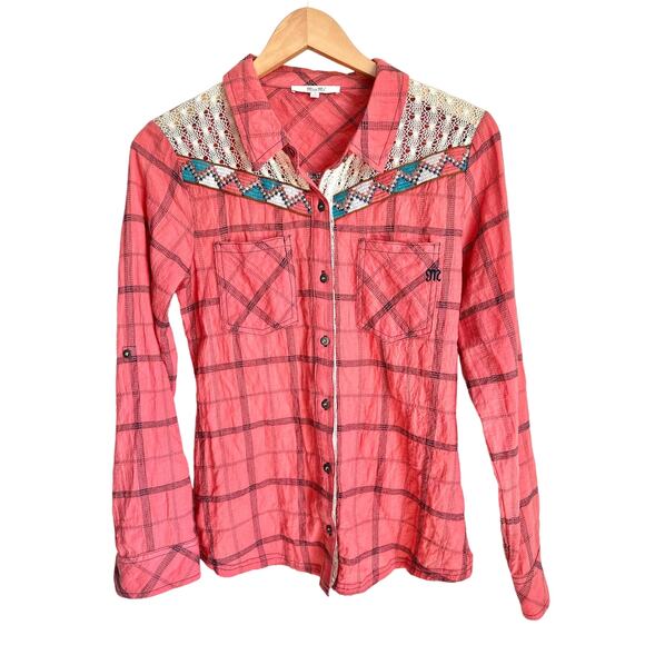 Miss Me Plaid Shirt Crochet & Beaded Accents - Picture 1 of 8